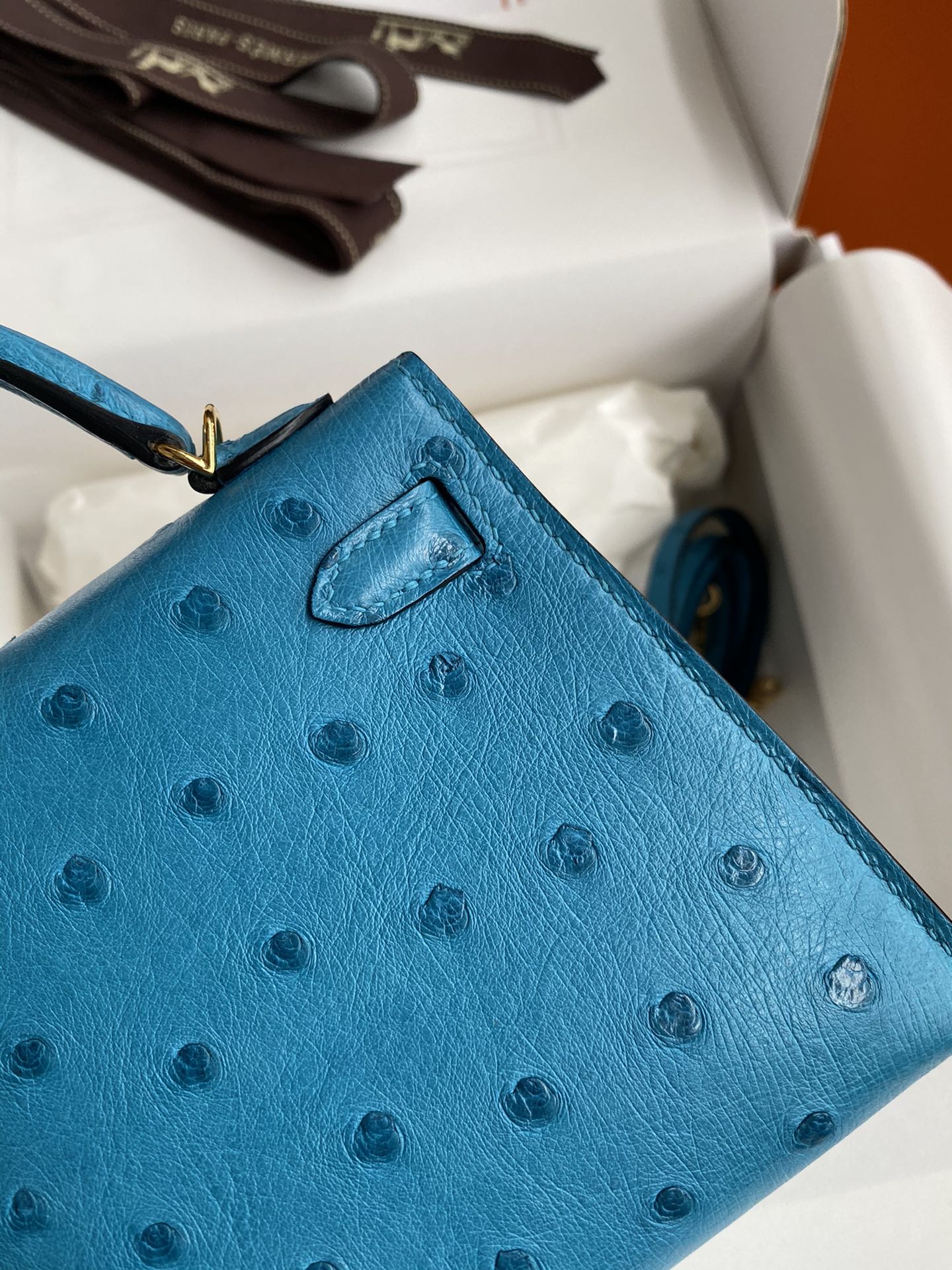 Hermes Kelly Mini II Bag 19CM In Blue Azteque Ostrich Leather